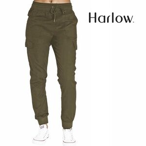 HARLOW Combat Cargo Jogger Pants Khaki Army Green Ribbed Waist Leg Cuffs Fitness